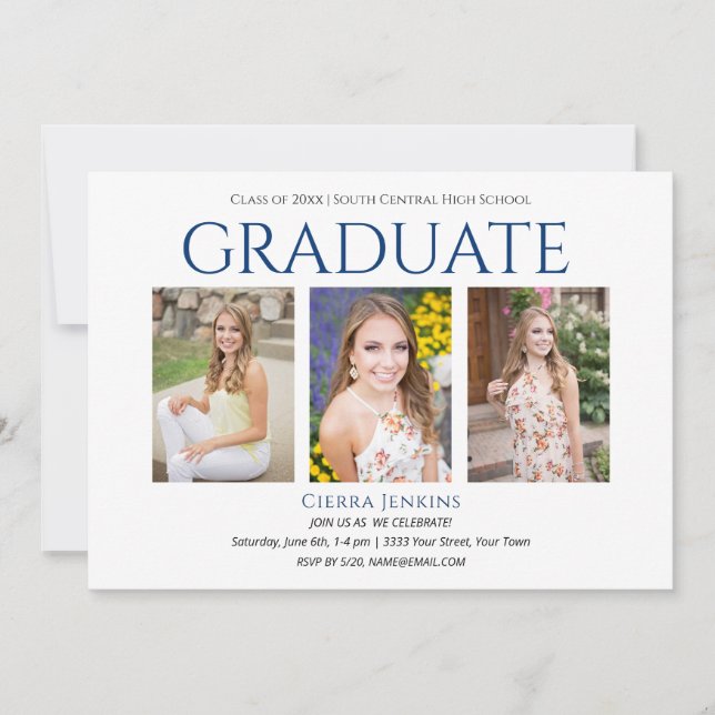 Three Photo White Blue Graduation Party Invitation (Front)