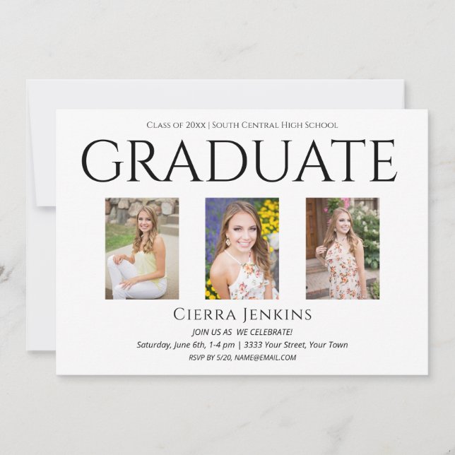 Three Photo White Graduation Party Invitation (Front)