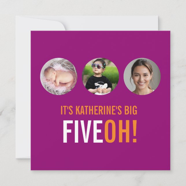 Three photos 50th FIVEOH! photo birthday invite (Front)