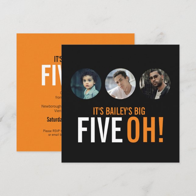 Three photos 50th FIVEOH! photo birthday invites (Front/Back)