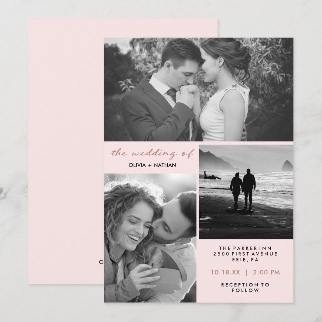 Three Photos | Blush and Faux Rose Gold Wedding Invitation (Front/Back)