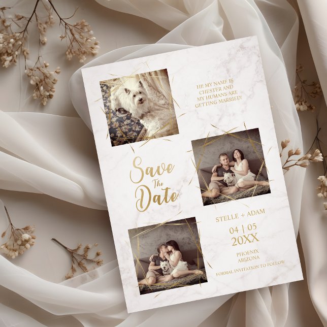 Three Photos Engagement Announcement Faux Marble (Modern Calligraphy Three Photos Engagement Announcement on Faux Marble Save the Date Card.)