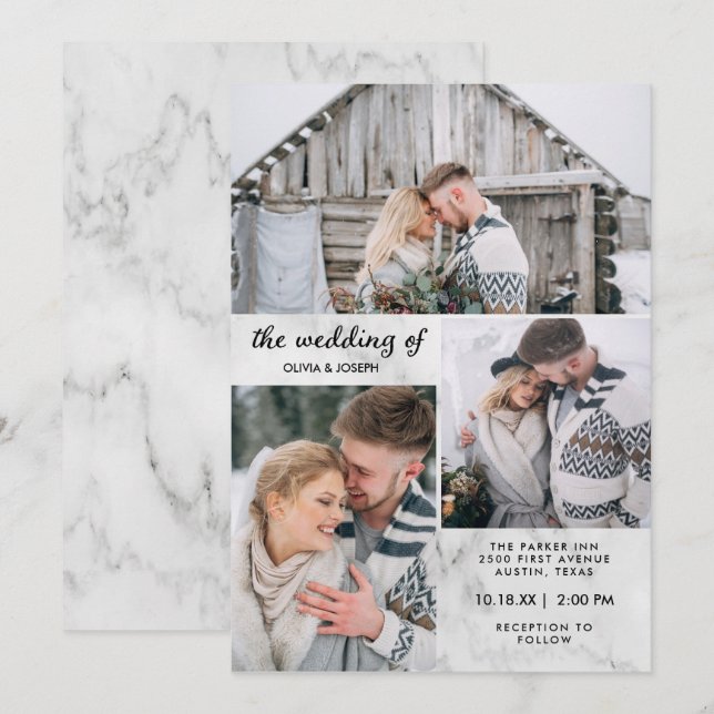 Three Photos on Elegant Marble Look | Wedding Invitation (Front/Back)