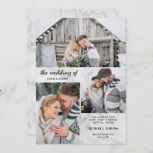 Three Photos on Elegant Marble Look   Wedding Invitation
