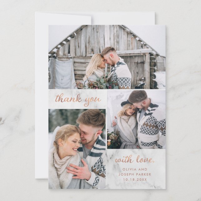 Three Photos on Marble with Rose Gold | Wedding Thank You Card (Front)