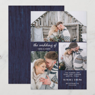 Three Photos on Rustic Blue Wood Look Wedding Invitation