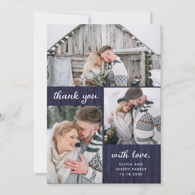 Three Photos on Rustic Blue Wood Look | Wedding Thank You Card (Front)