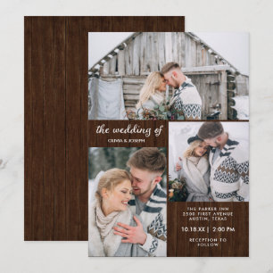 Three Photos on Rustic Wood Look   Wedding Invitation
