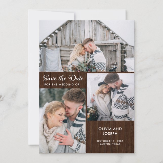 Three Photos on Rustic Wood Look | Wedding Save The Date (Front)