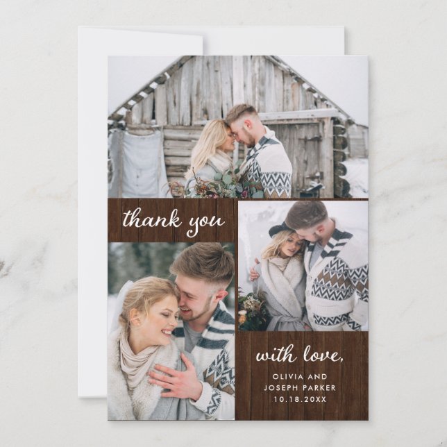 Three Photos on Rustic Wood Look | Wedding Thank You Card (Front)