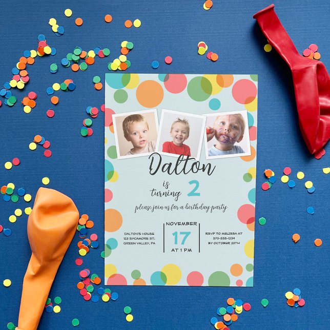 Three Photos Polka Dots Any Age Birthday Invitation (Creator Uploaded)