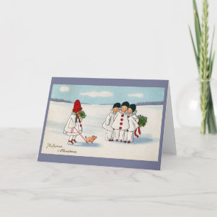 Three Pierrots and One Pig on a Leash Christmas Holiday Card