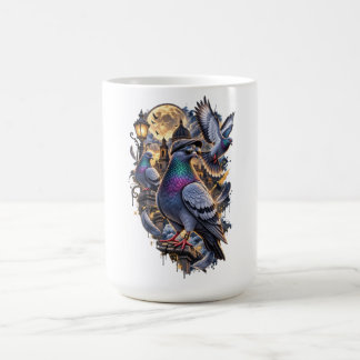 Three Pigeon Vintage Graphic, Retro Pigeon Moon Coffee Mug