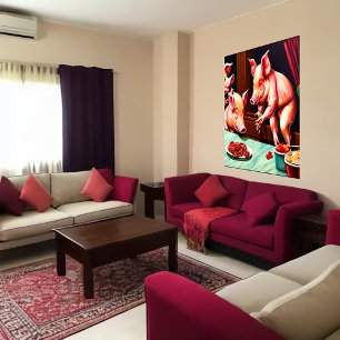 Three pigs eating bacon   AI Art Poster