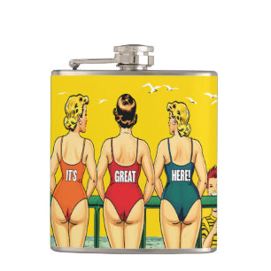 Three Pin-up Girls from Behind, Beach Humour, Funn Hip Flask