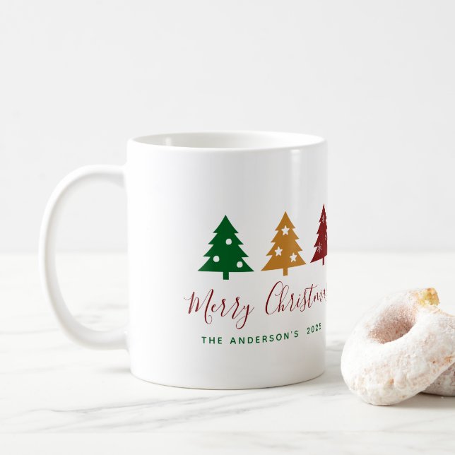  Three Pine Tree Snowflakes Stars Merry Christmas Coffee Mug (With Donut)