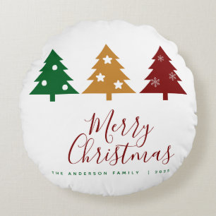 Three Pine Tree Snowflakes Stars Merry Christmas Round Cushion