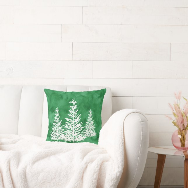 Three Pine Trees Green Watercolor Abstract Cushion (Couch)