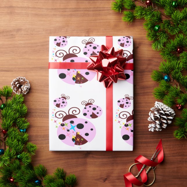 Three pink and black ladybug with stars wrapping paper (Holiday Gift)