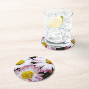 Three pink and white daisies round paper coaster
