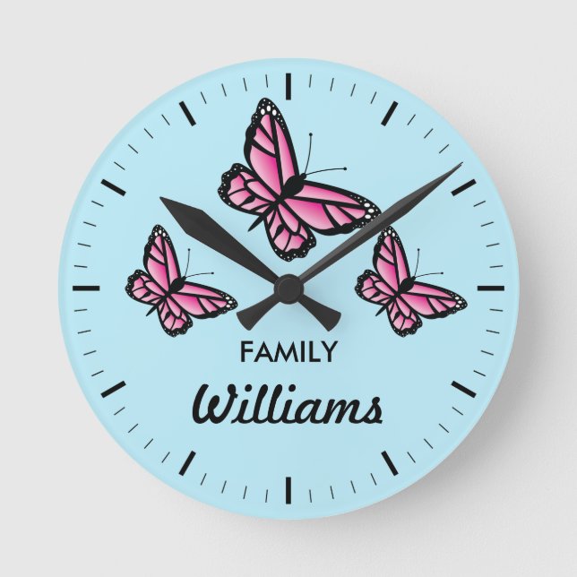 Three Pink Butterflies With Family Name Round Clock (Front)