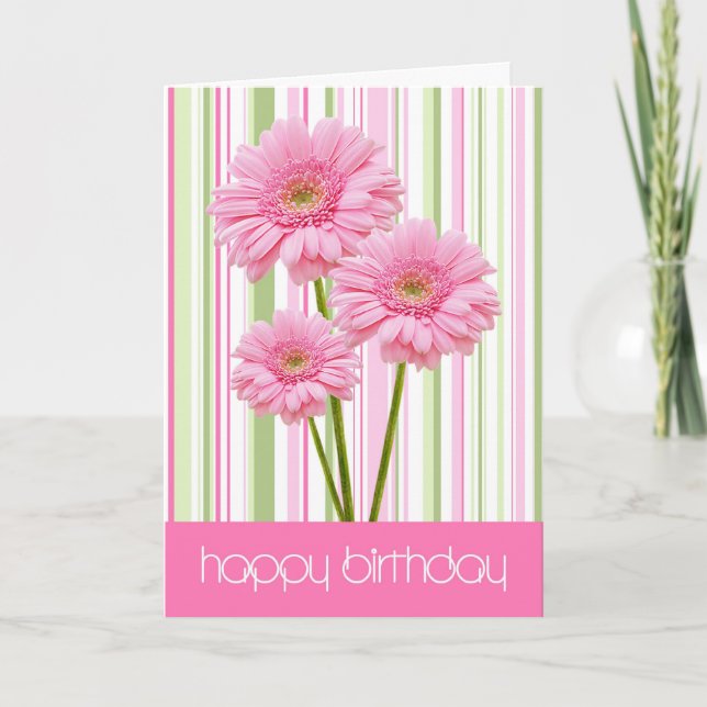 Three Pink Flowers and Stripes Birthday Card (Front)