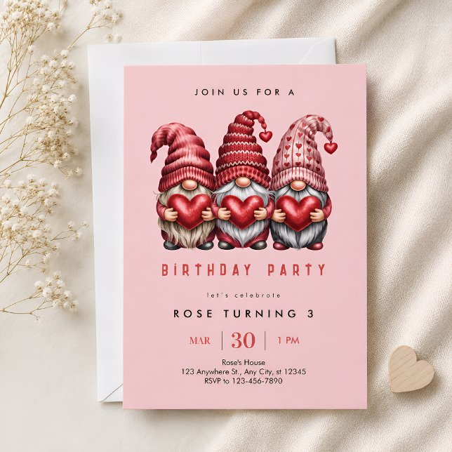 Three Pink Gnomes 3rd Birthday Invitation (Creator Uploaded)
