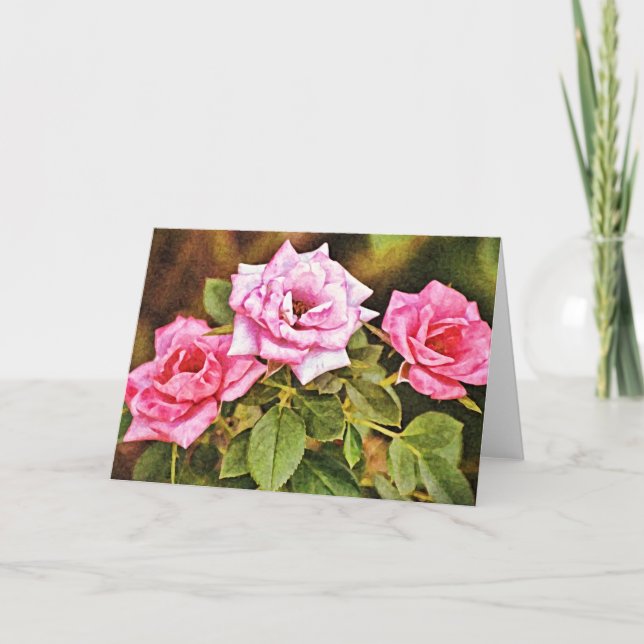 Three Pink Rose Painted Art Note Card (Front)