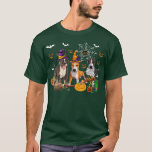 Three Pit Bull Dogs Witch Halloween Mummy Scary Pu T-Shirt