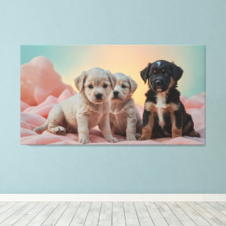 Three playful puppies resting on a soft blanket  canvas print