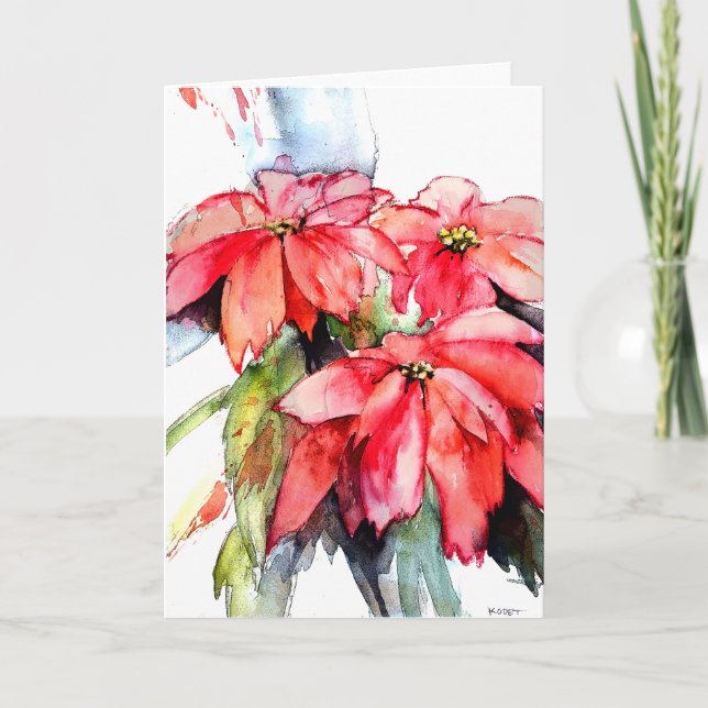 Three Poinsettias in Watercolor Holiday Card (Front)