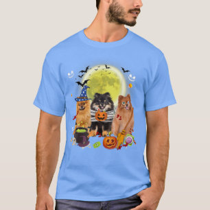 Three Pomeranian Dogs Witch Scary Mummy Halloween  T-Shirt