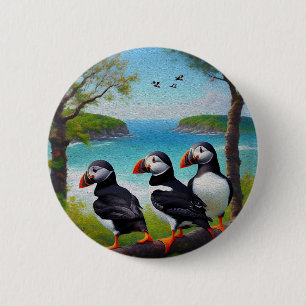 Three Puffin Birds Oil Paint, 6 Cm Round Badge