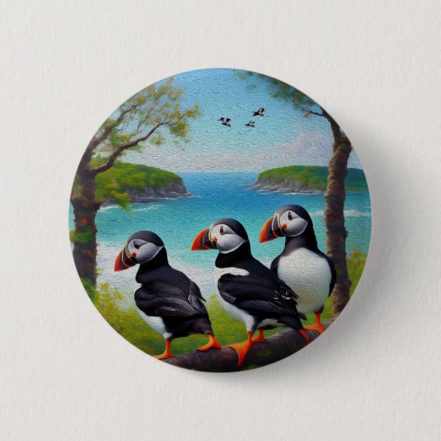 Three Puffin Birds Oil Paint,  6 Cm Round Badge (Front)