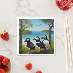 Three Puffin Birds Oil Paint, Compact Mirror Napkin