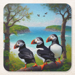 Three Puffin Birds Oil Paint, Compact Mirror Square Paper Coaster