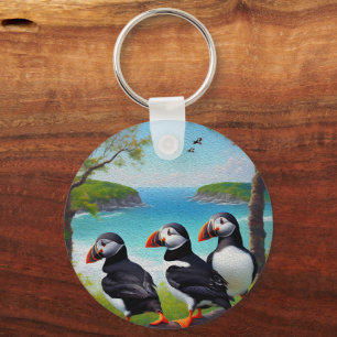 Three Puffin Birds Oil Paint, Keyring