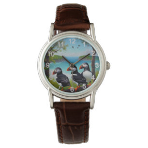 Three Puffin Birds Oil Paint, Ladies Wrist Watch