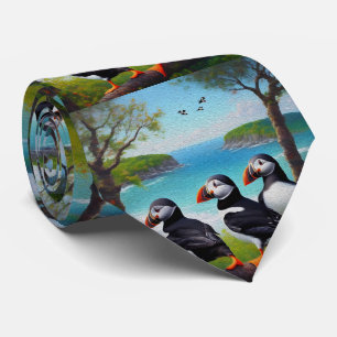 Three Puffin Birds Oil Paint, Neck Tie