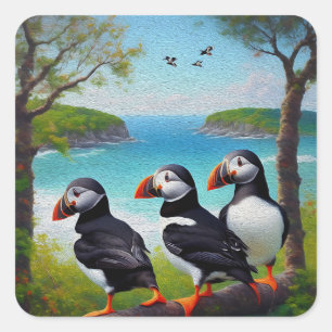 Three Puffin Birds Oil Paint, Stickers
