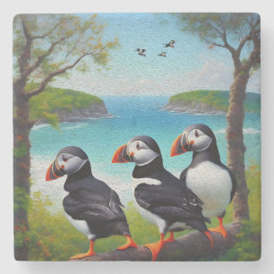 Three Puffin Birds Oil Paint, Stone Coaster