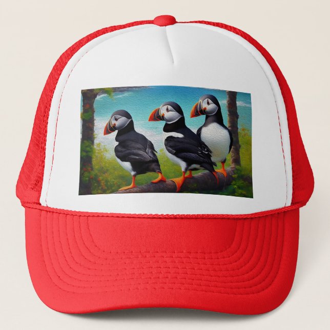Three Puffin Birds Oil Paint, Truckers Hat (Front)