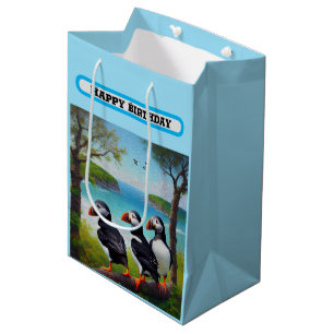 Three Puffins Oil Paint, Birthday Medium Gift Bag