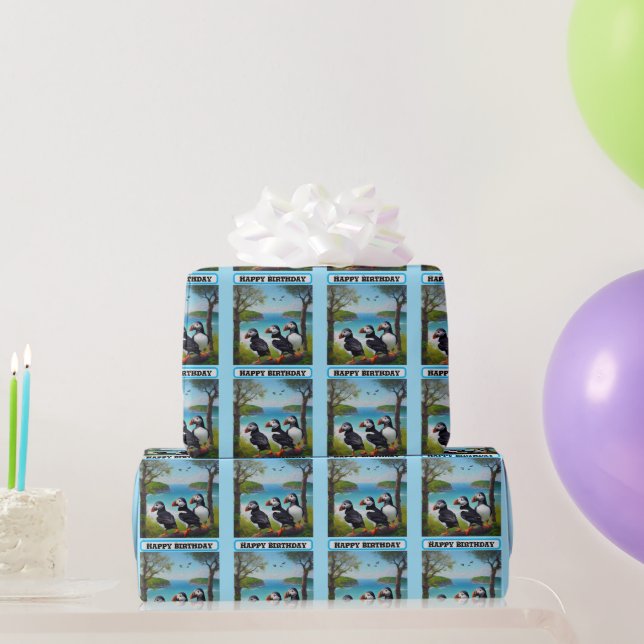 Three Puffins Oil Paint, Birthday Wrapping Paper (Party Gifts)