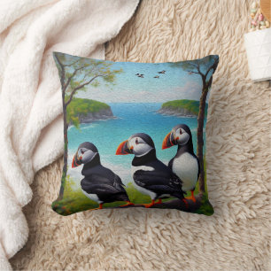 Three Puffins Oil Paint,  Cushion