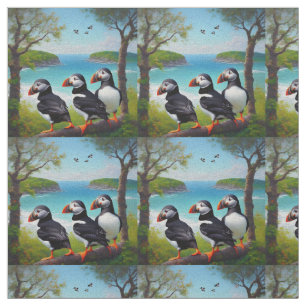 Three Puffins Oil Paint, Fabric