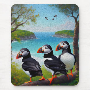 Three Puffins Oil Paint, Mouse Mat