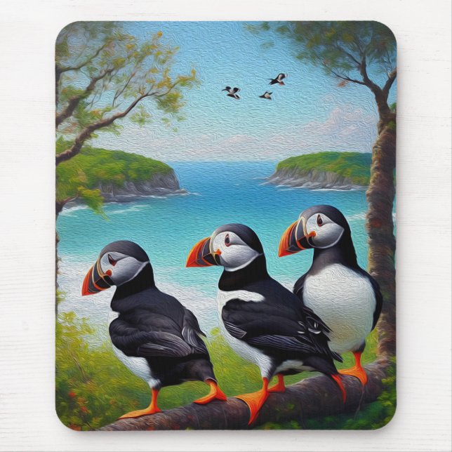Three Puffins Oil Paint,  Mouse Mat (Front)