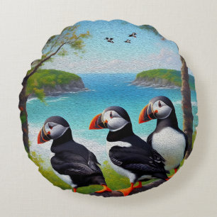 Three Puffins Oil Paint,  Round Cushion