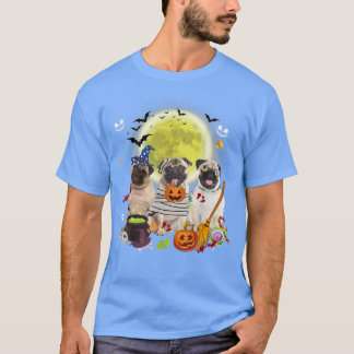 Three Pug Dogs Witch Scary Mummy Halloween T-Shirt